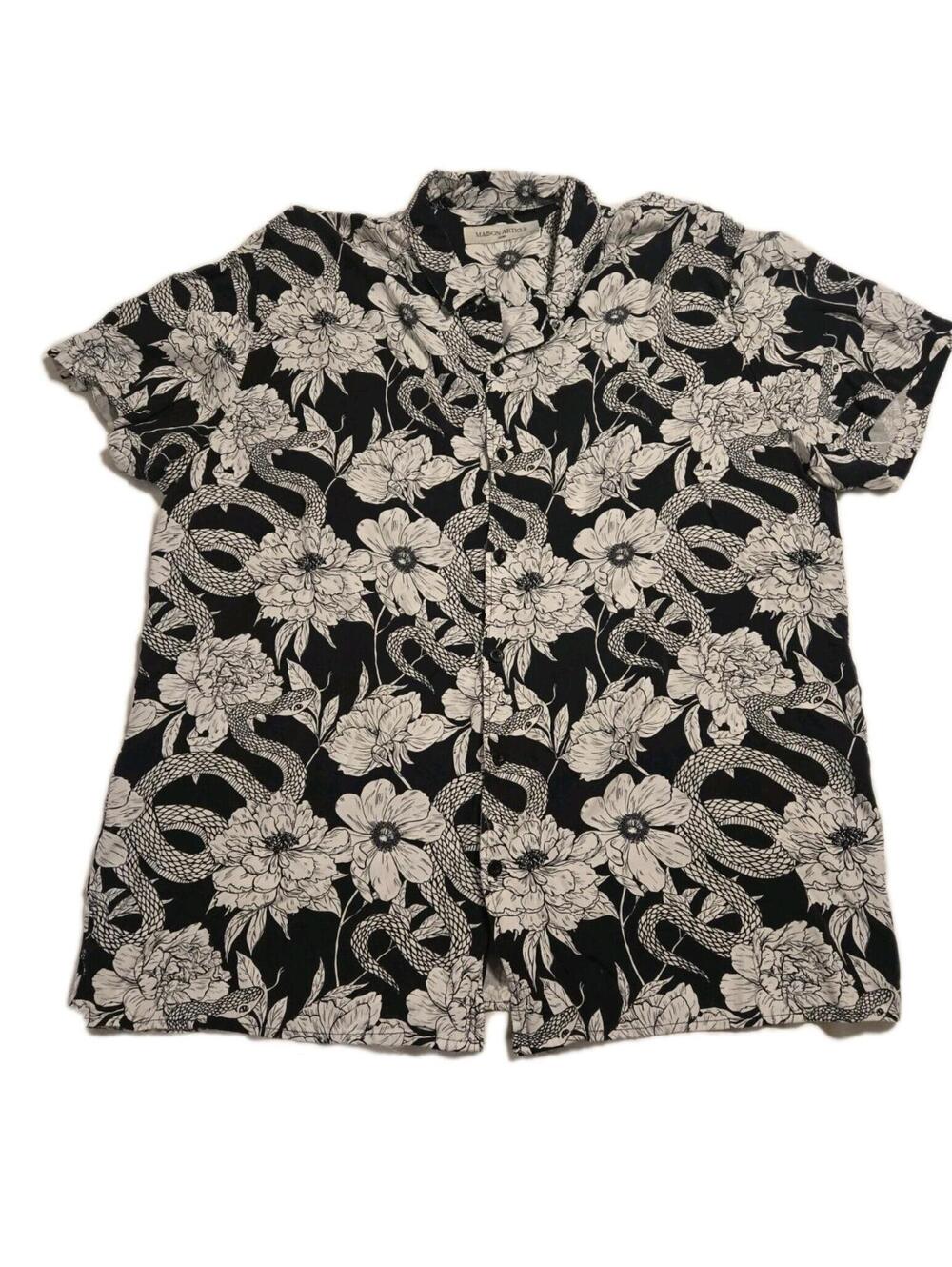 MAISON ARTICLE Men’s Shirt Black White Snake Floral Print Button Up Size 2XL